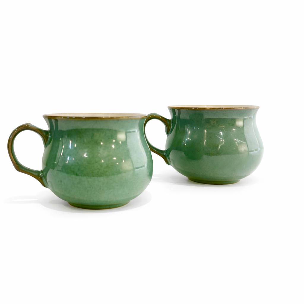Service for Two Denby Manor Green Stoneware Cups, England, Mid-20th Century