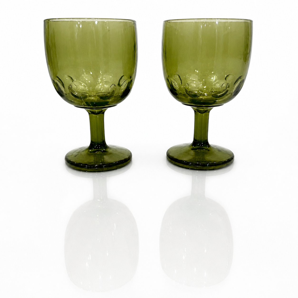 Olive Pressed Glass Goblets, Moon and Star Pattern, c. 1880 service for 2