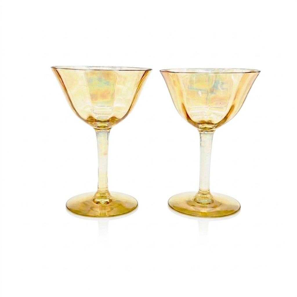 Imperial Marigold Carnival Glass Cocktail Coupes, Paneled Sherbet Stems (Pair), c.1920