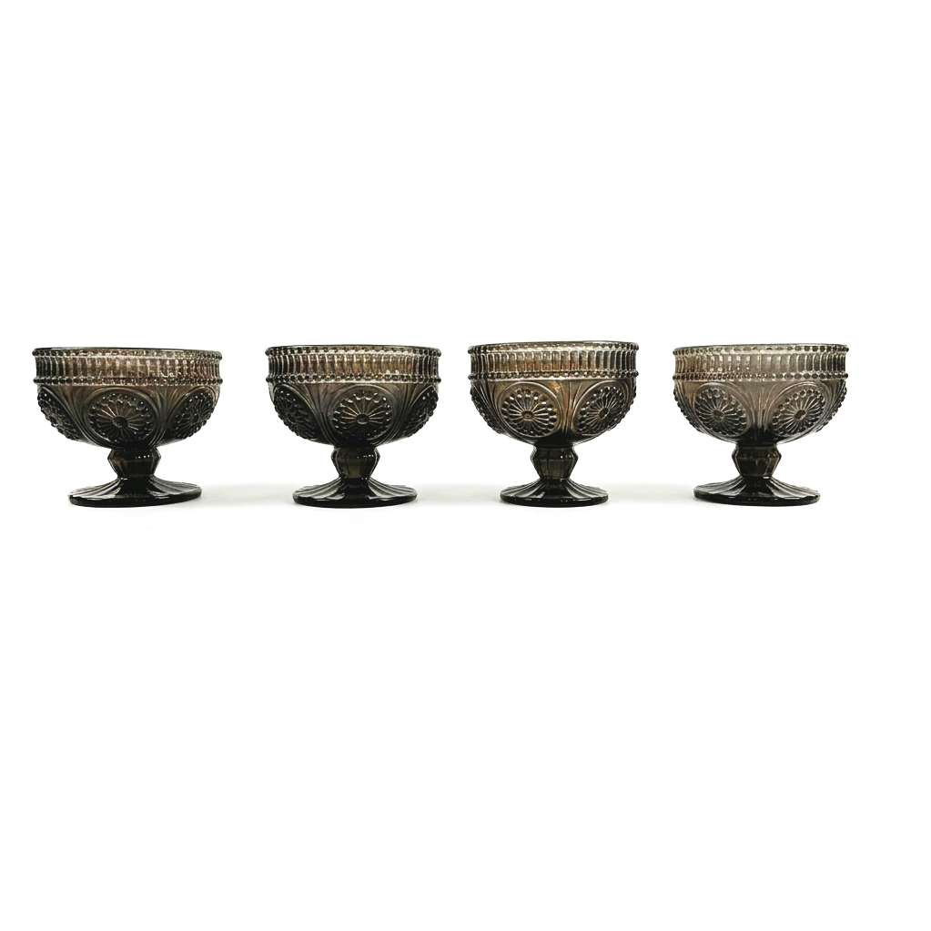 Antique Pressed Glass Compote Bowls, Dark Olive Glass Floral Pattern