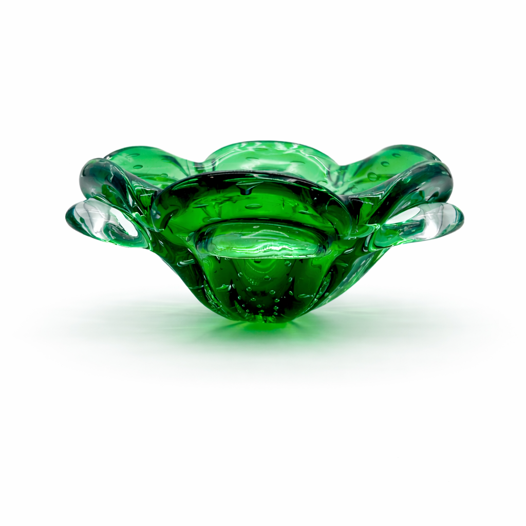 Czech Emerald Green Art Glass Bowl, Organic Biomorphic Controlled Bubble Form