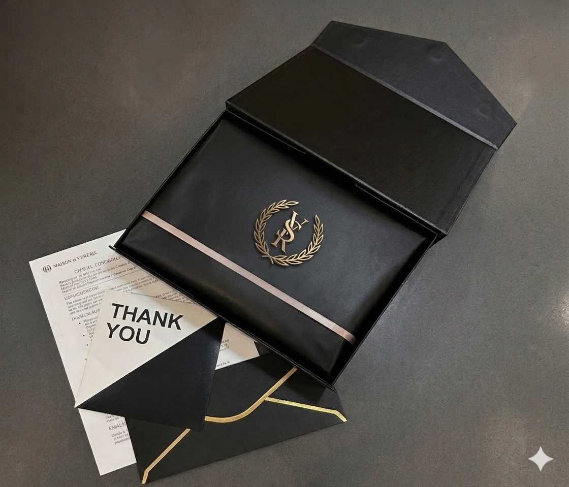 Black gift box with Yves Saint Laurent logo, thank you card, and receipts on a gray surface.