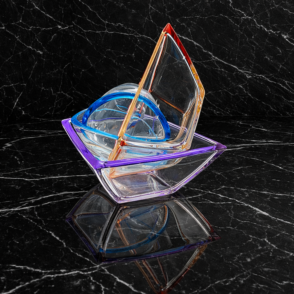 Colorful glass sculptures with geometric shapes on a black marble surface.