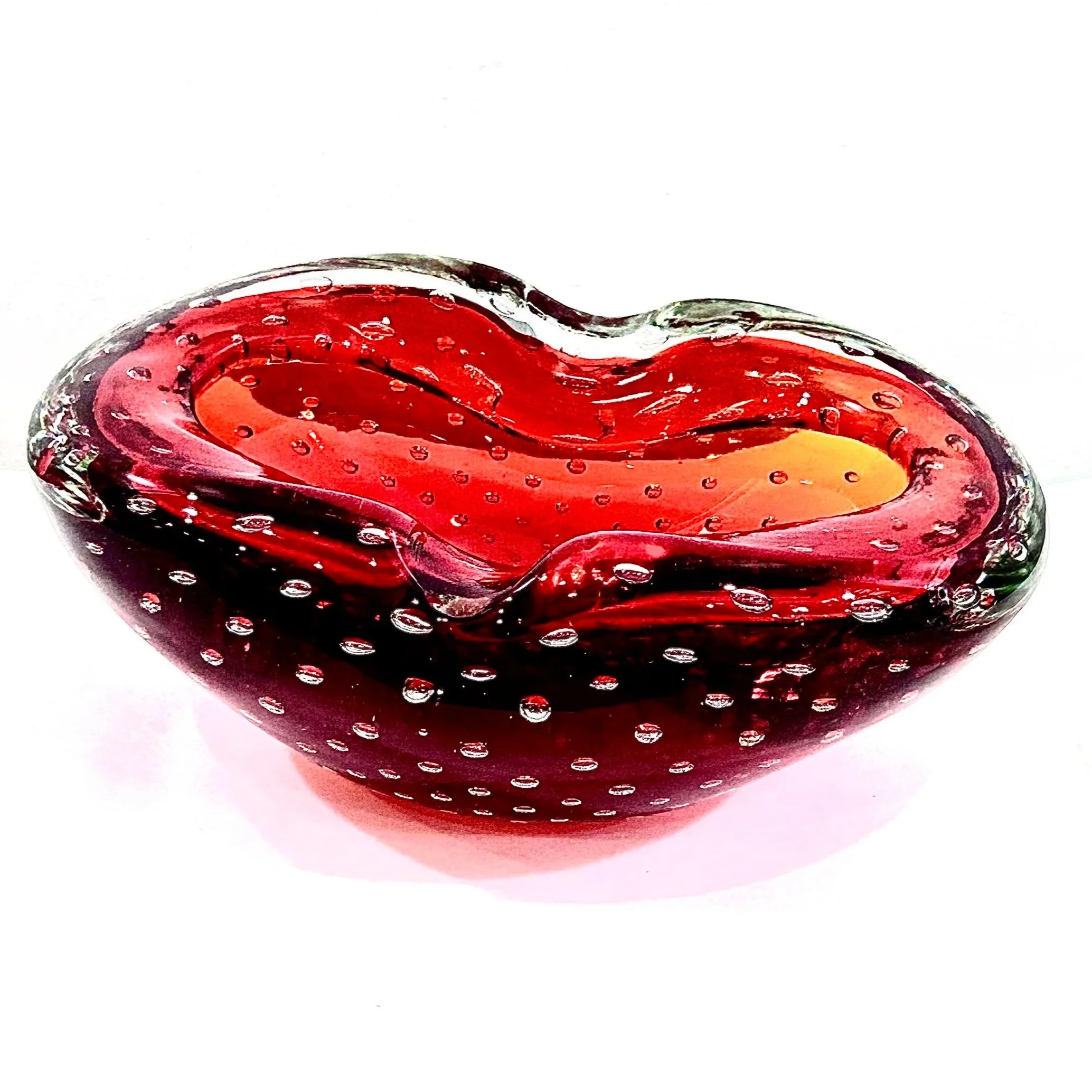 Italian Murano Sommerso Art Glass Bowl, Red Bullicante Sculptural Form
