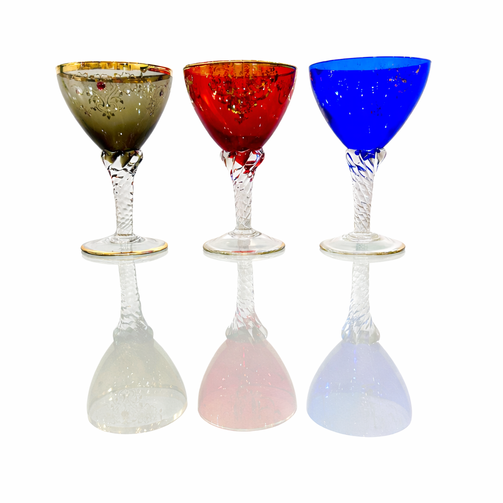 Venetian-Style Gilt & Jewel Stem Goblets, c.1950s, Service for 3