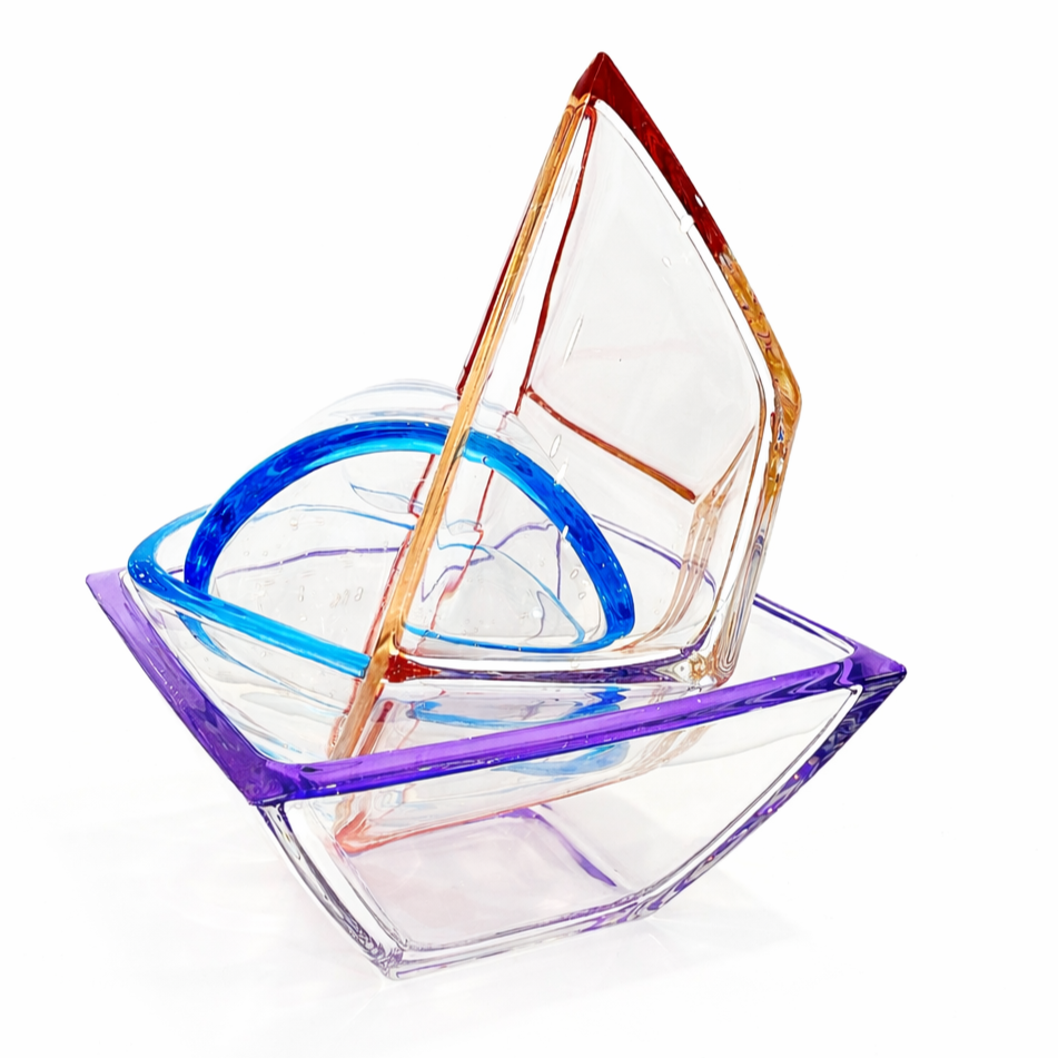 A stunning set of two Italian-style hand-blown glass bowls featuring a vibrant blue undulating rim and a clear sculptural body. Excellent condition.