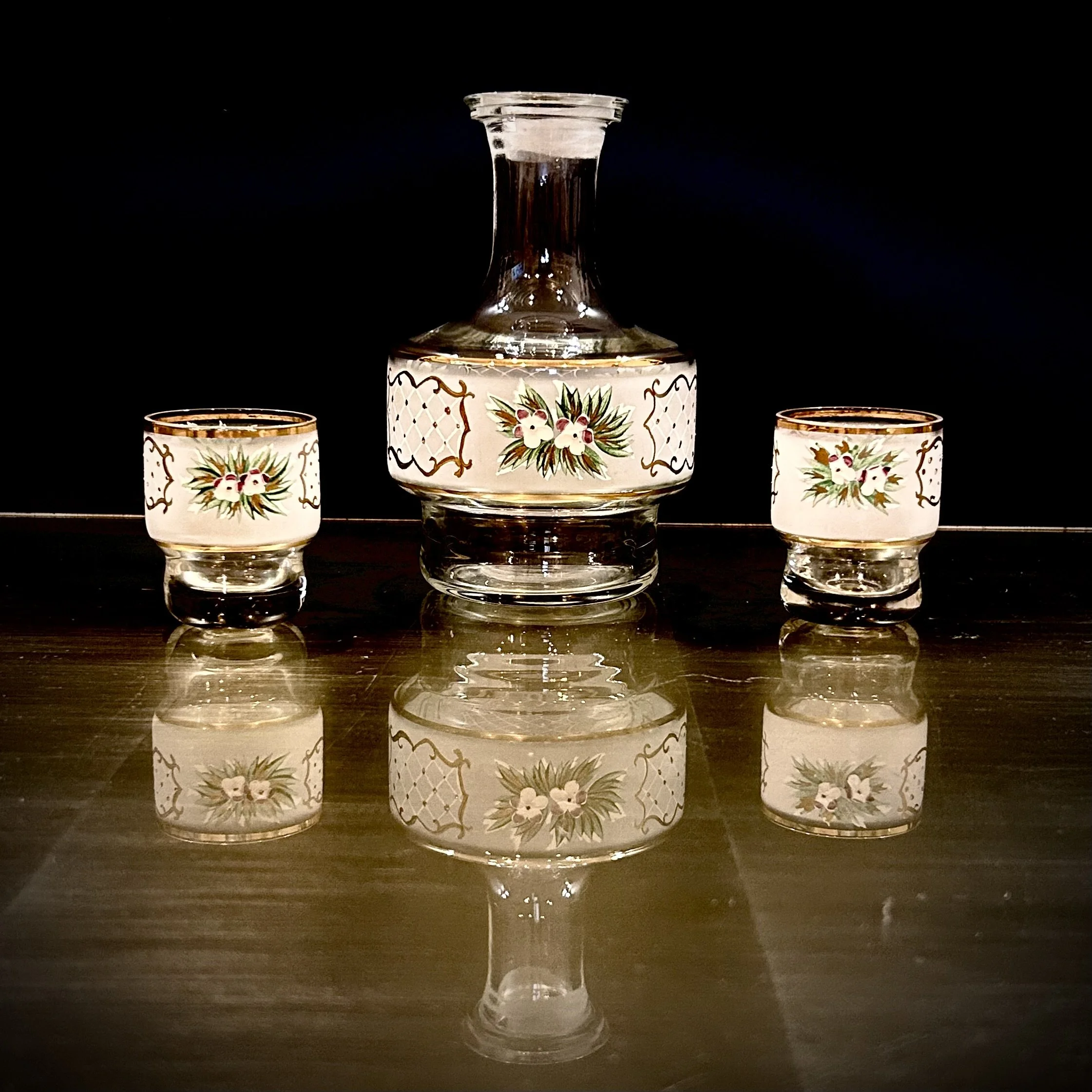 Bohemian Enameled Uranium Glass Decanter Set, Gilt Floral Overlay