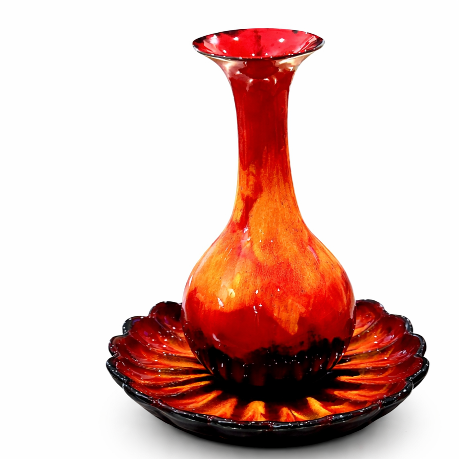 Canadian Signed Studio Art Glass Crimson and Amber Volcanic Ensemble – 2 Pieces 1969