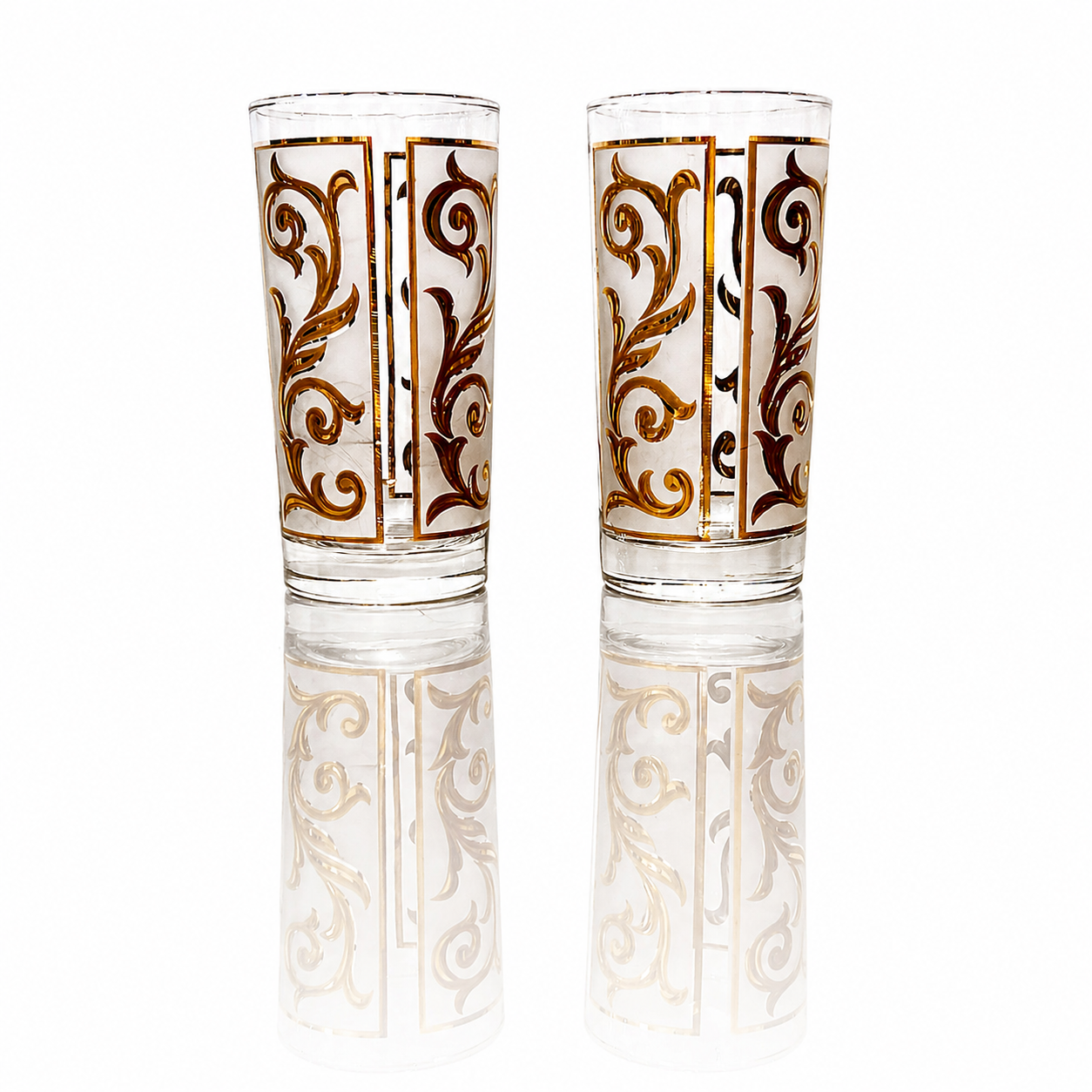 American Libbey Gilt Decorated Highball Glasses, Mid-Century Modern Scroll Panel Design.png