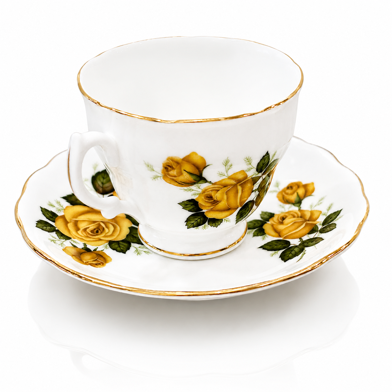 British Ceramic Royal Vale Fine Bone China Tea Cup and Saucer, Gilt Floral Form