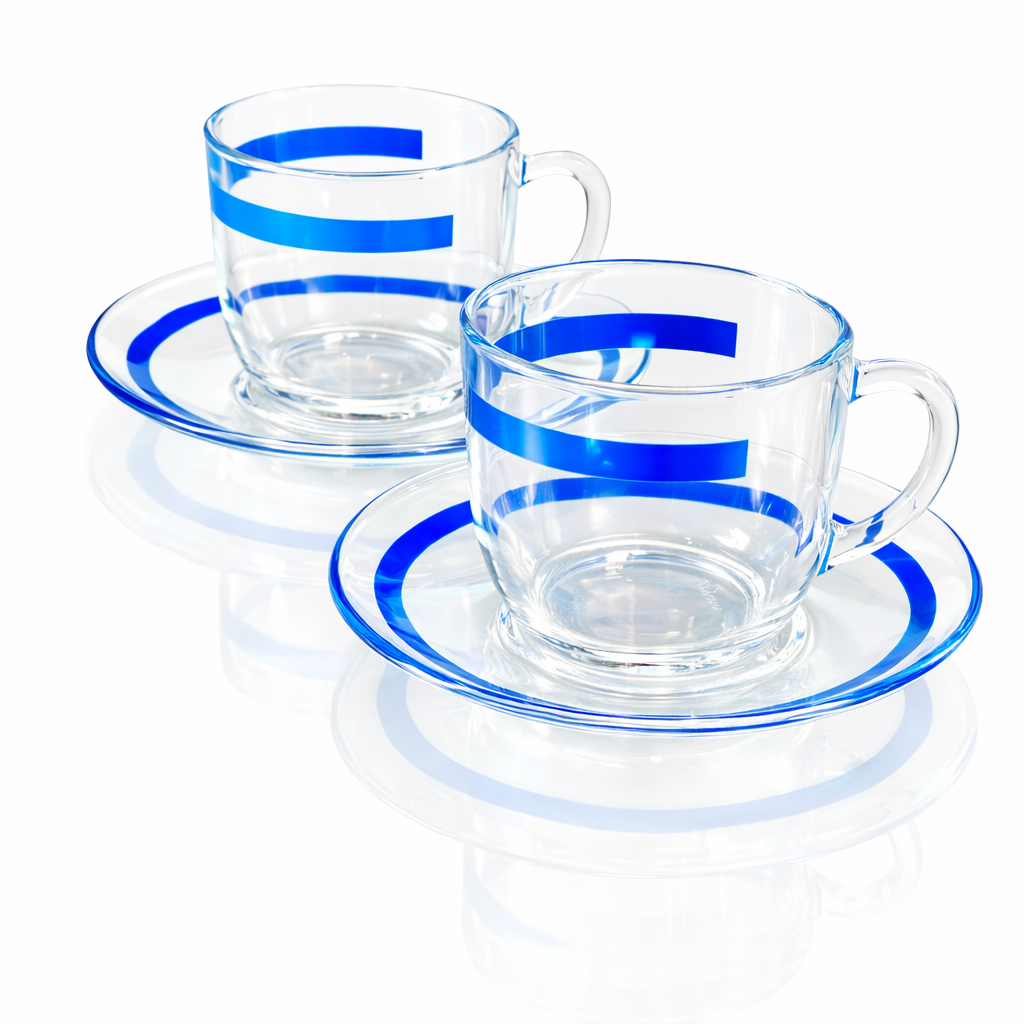 French Cobalt Striped Glass Bistro Set by Vereco, Sculptural Minimalist Form