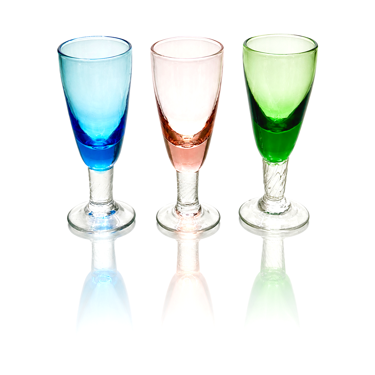 European Jewel-Toned Crystal Cordial Glasses, Etched Geometric Stems — Service for 3