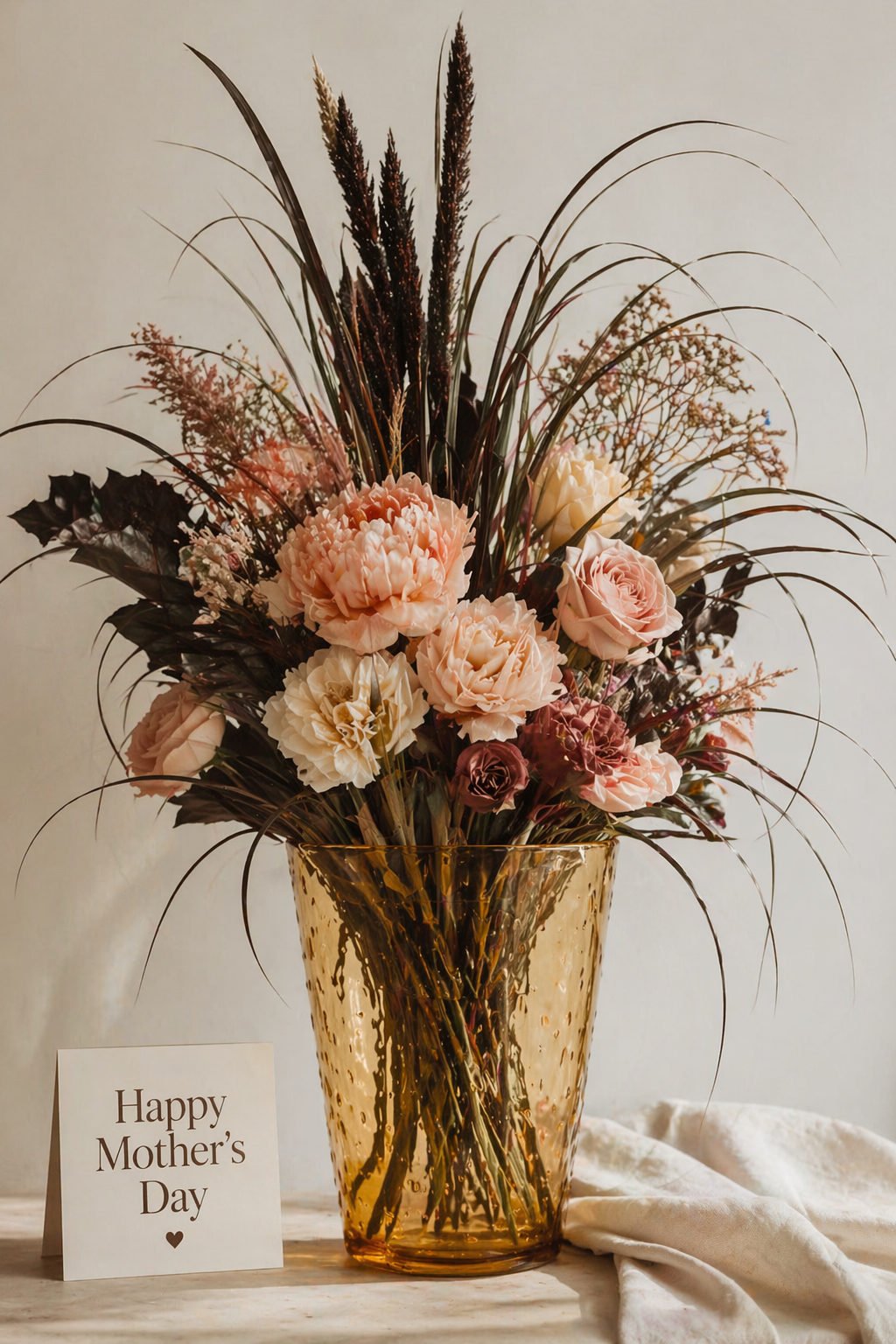 A bouquet of pink and cream flowers, including roses and carnations, arranged in a textured amber glass vase. A white card with black text that says "Happy Mother’s Day" and a small heart is placed beside the vase on a white cloth.