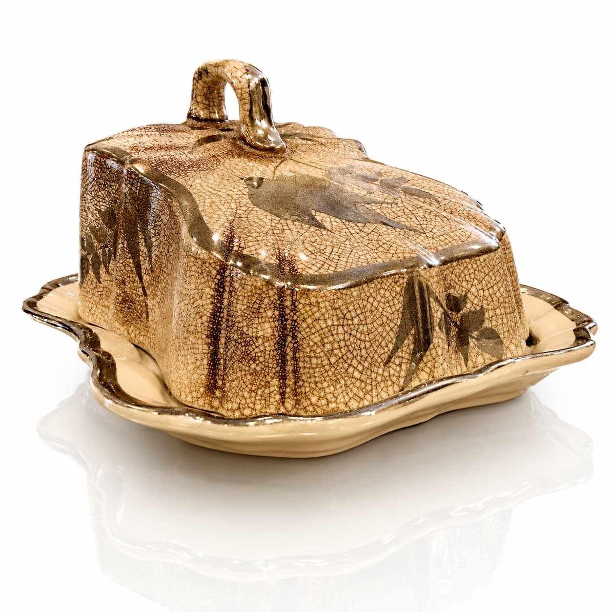 English Ceramic Covered Cheese Dish, Art Deco Silver Lusterware