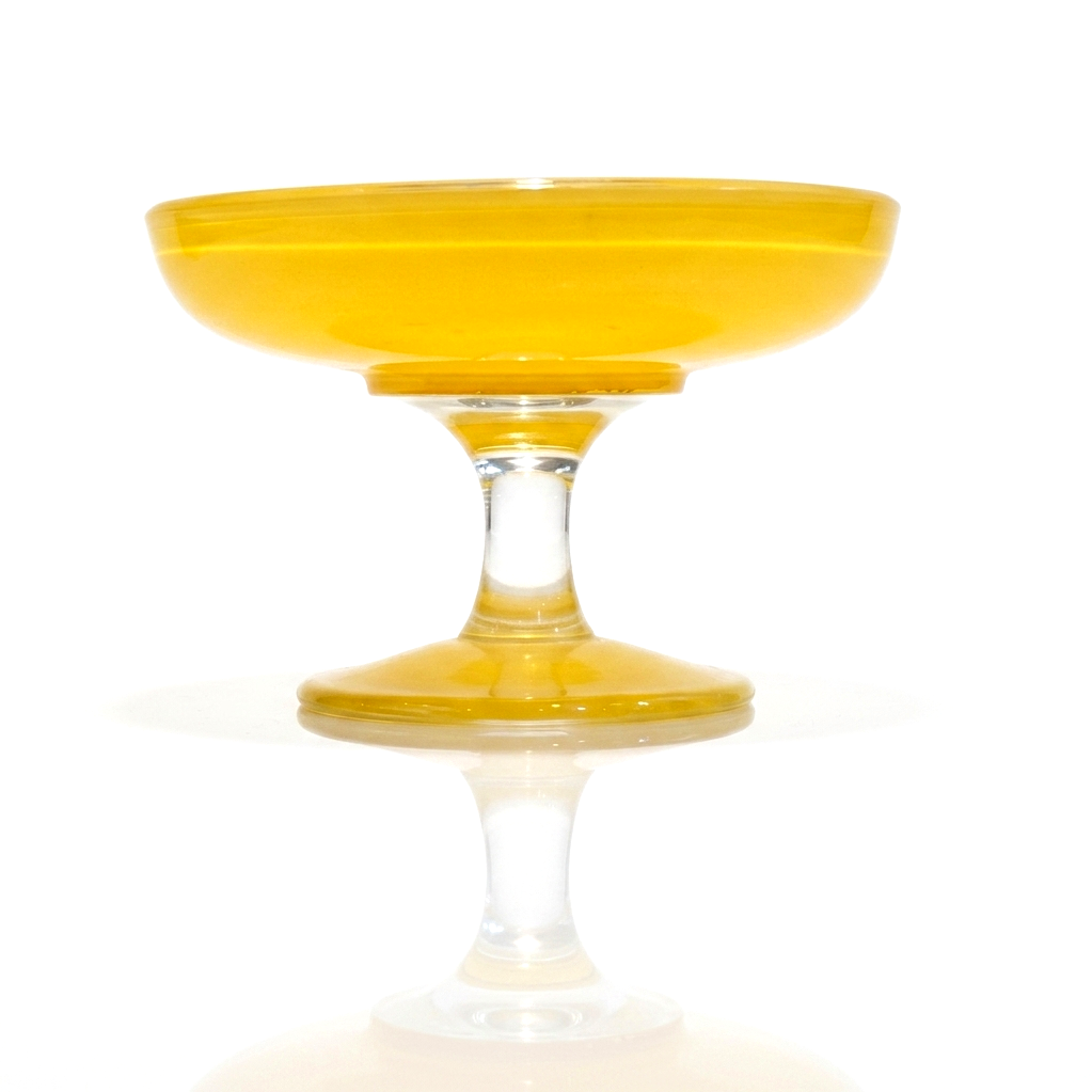 French Enameled Clear Art Glass Fluted Footed Bowl, Stylized Botanical Form