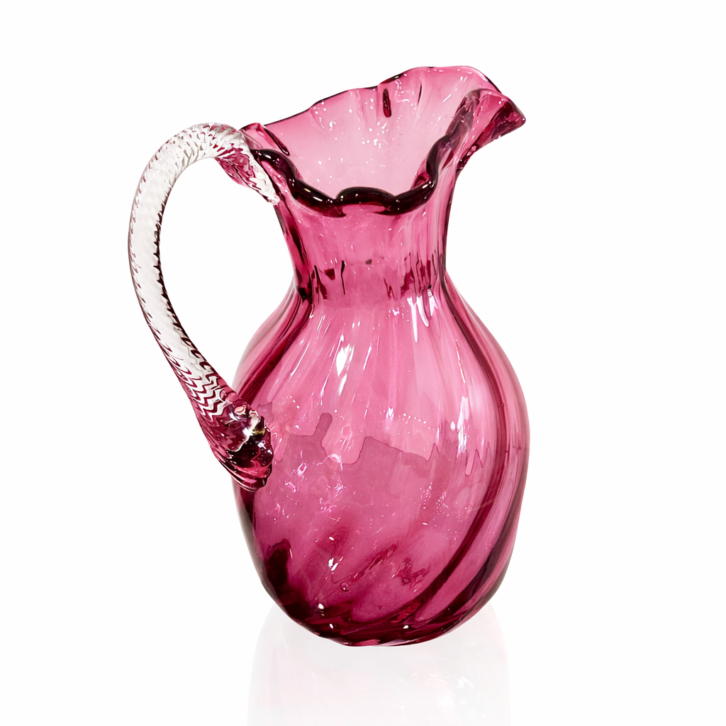 Mid-Century Optic Ribbed Cranberry Art Glass Pitcher with Uranium-Infused Applied Handle