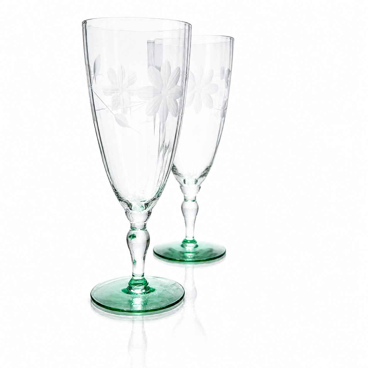 Czech Glass Champagne Flutes, Etched Floral Green Stemmed Pair
