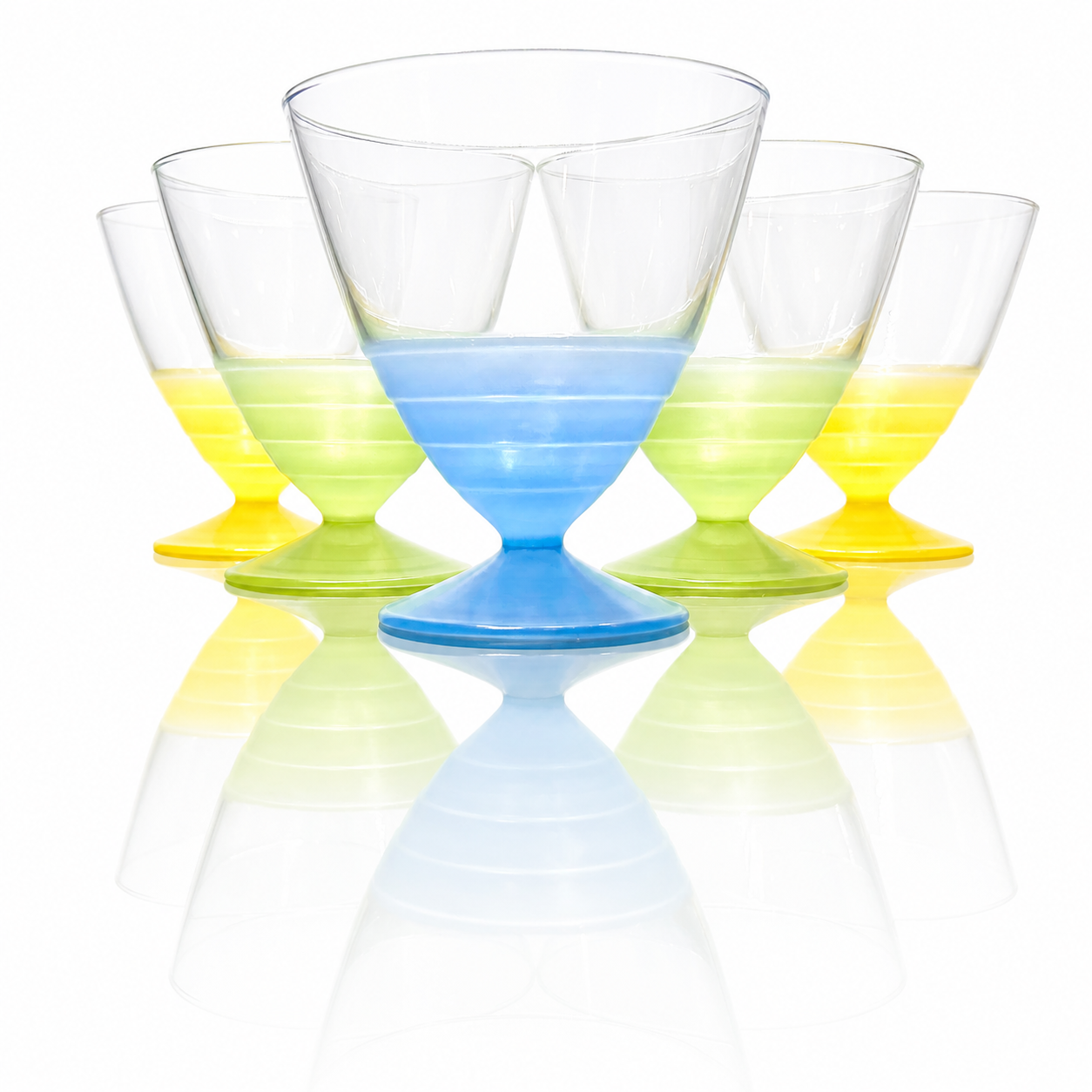 French ARC Glass Coupe Set, Frosted Pastel Sculptural Form, Service for 5