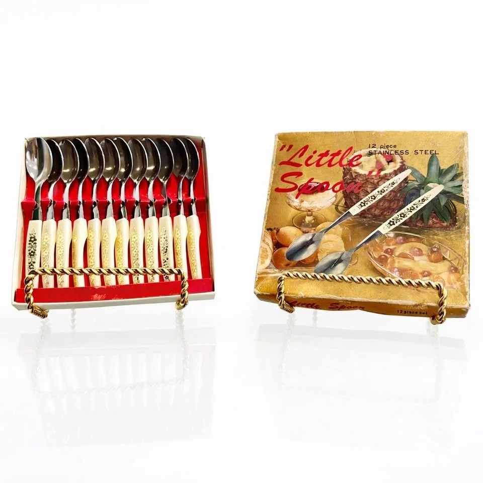 Japanese Stainless "Little Spoon" Set, Mid-Century Hostess Design, Boxed
