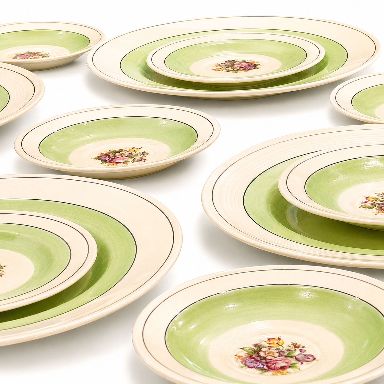 English Ceramic Wood’s Ivory Ware Dessert and Dining Set, Circa 1930 Pastel Banded Floral Motif