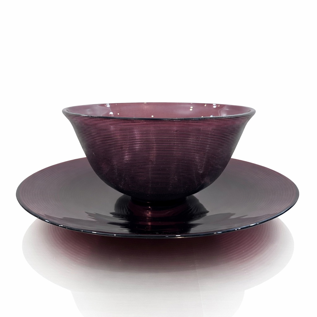 Italian Amethyst Ribbed Art Glass Bowl and Charger Plate, Sculptural Mid-Century Service Form