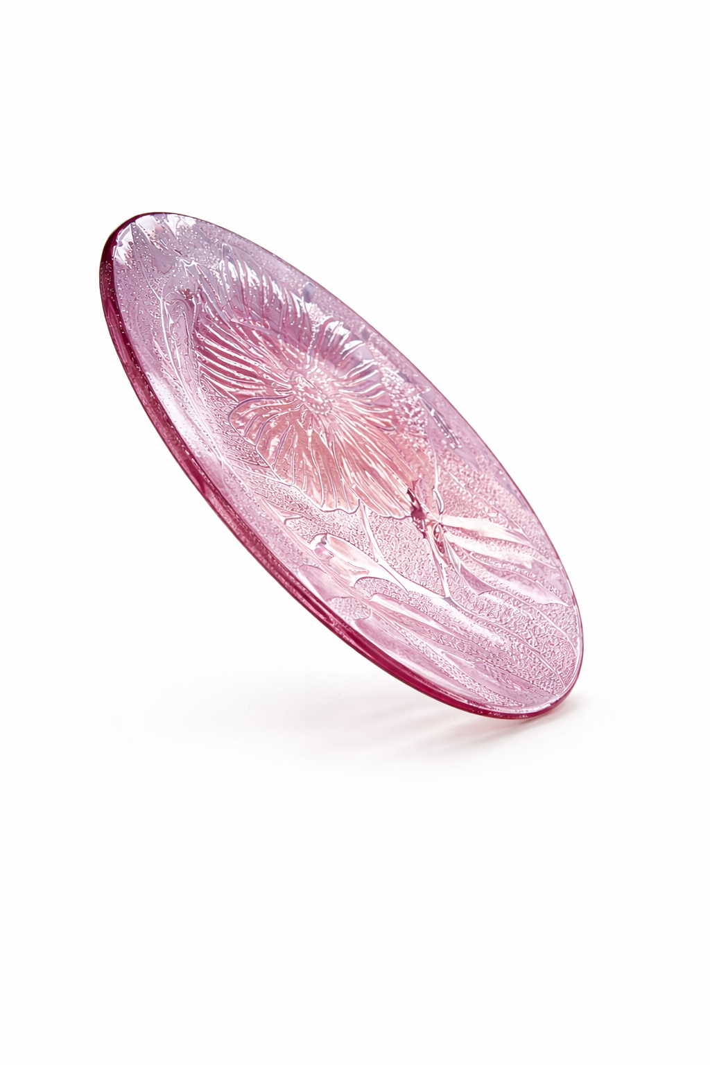 Art Deco Rose Blush Glass Charger | Sculptural Botanical Relief | Circa 1930s