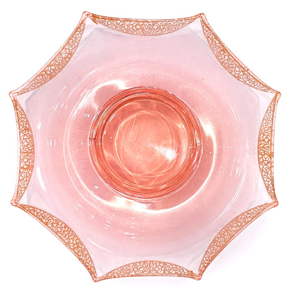 American Pink Elegant Glass Octagonal Console Bowl, Gilt-Encrusted Border