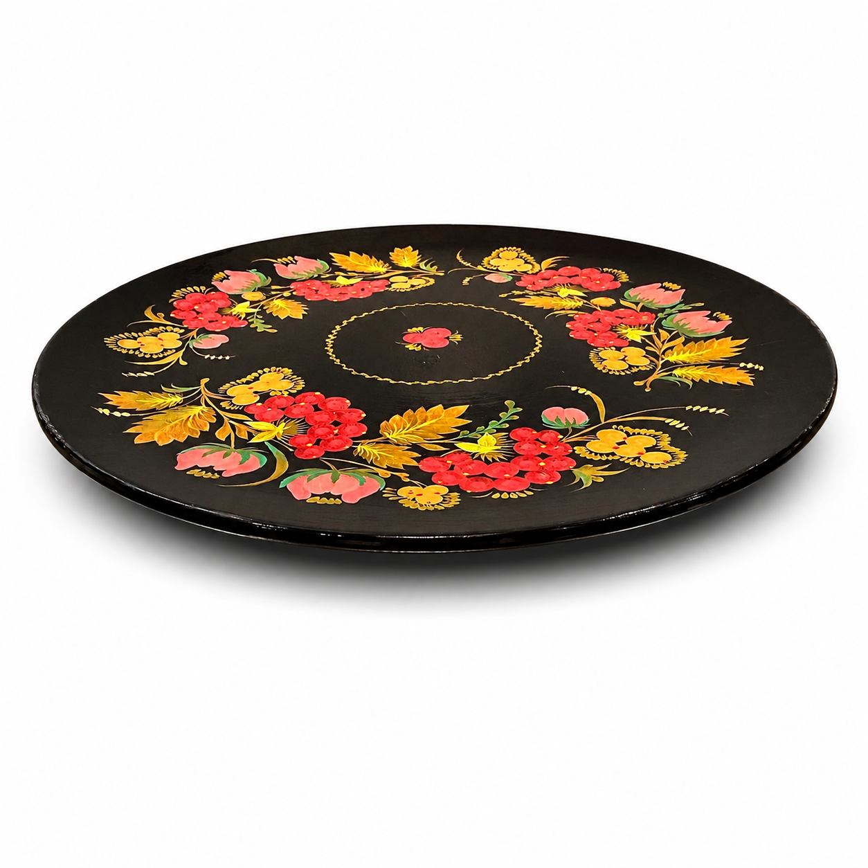 Ukrainian Lacquered Wood Petrykivka Floral Charger Platter Tray