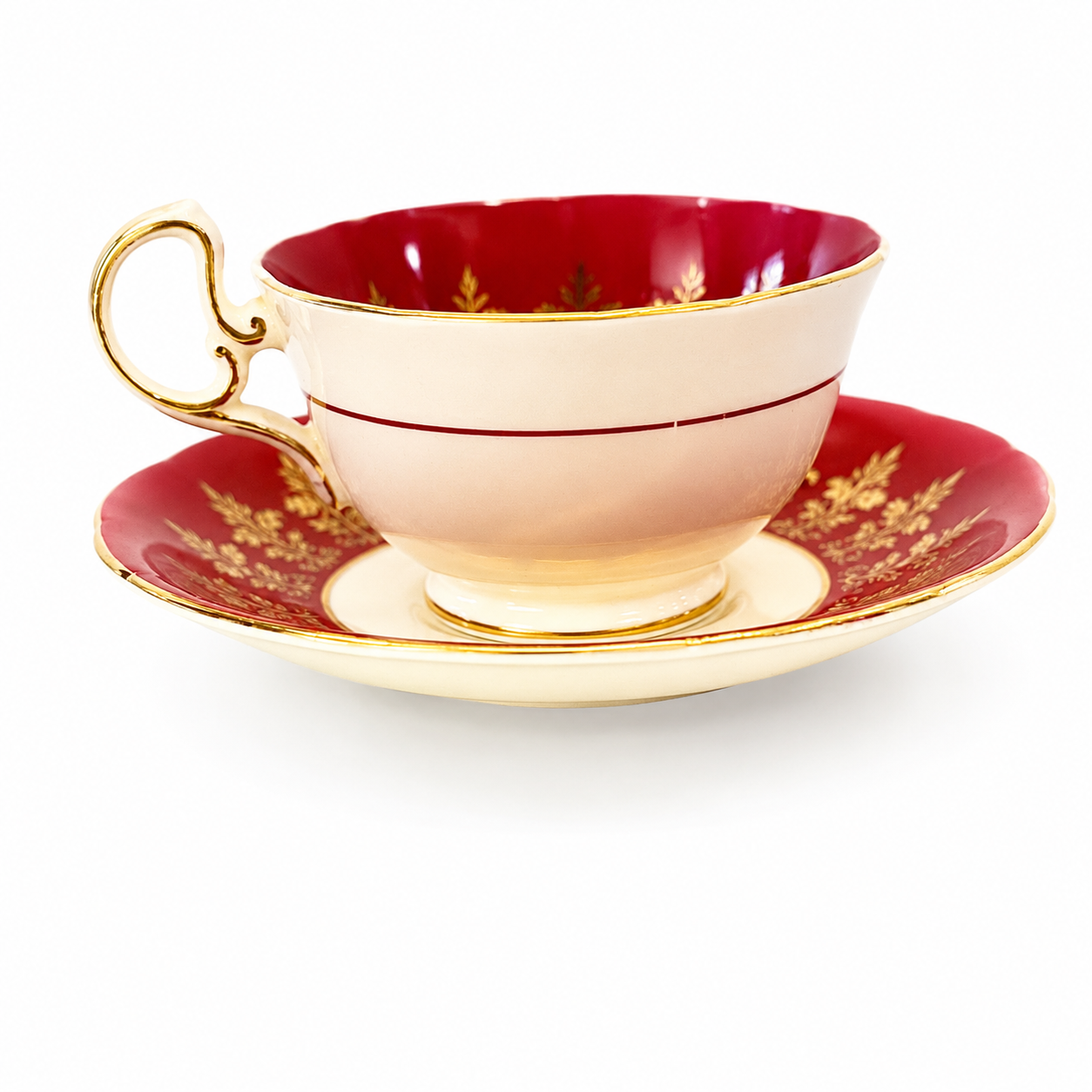 British Ceramic Aynsley Fine Bone China Tea Cup and Saucer, Gilt Floral Form
