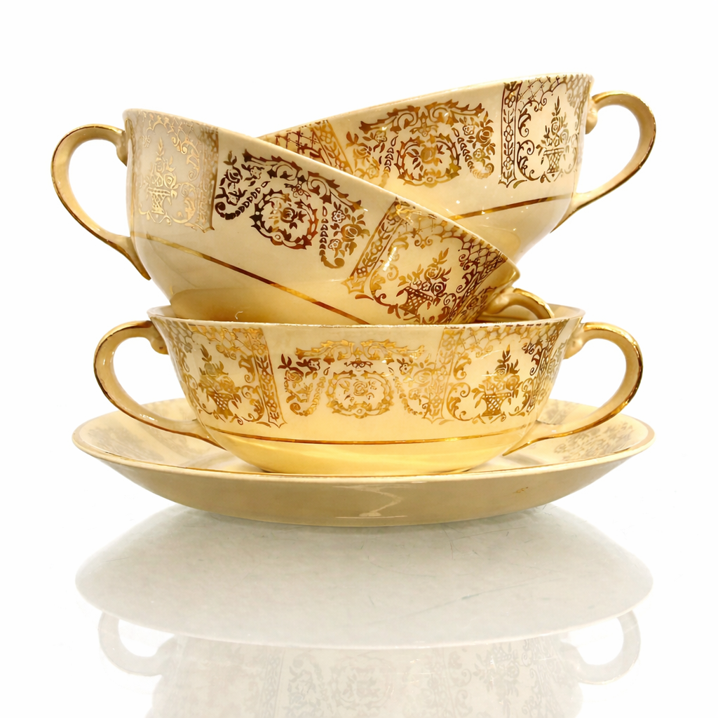 Antique Victorian “Victory” Johnson Bros. England Bone China Handled Bouillon Cups & Saucers, Gilt