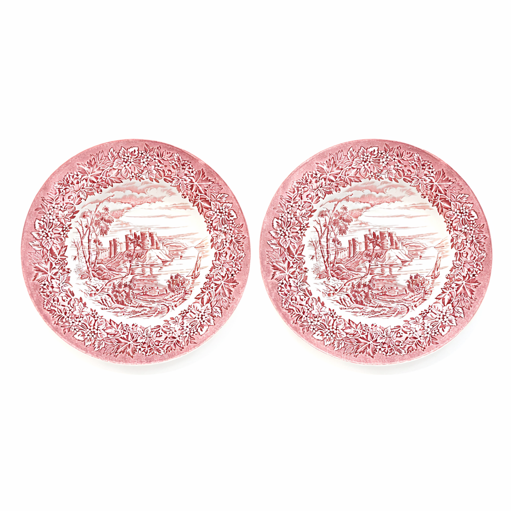 English Pink Transferware Ironstone Plates, Service for Two