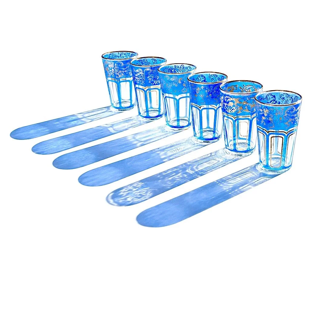 Numbered Bohemian Cobalt & Gilt Enamel Aperitif Tumblers, Service for Six Architectural Vessels