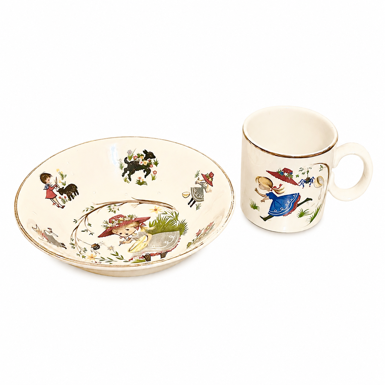 Irish Ceramic Nursery Rhyme Set (Bowl and Mug), Art Deco Form