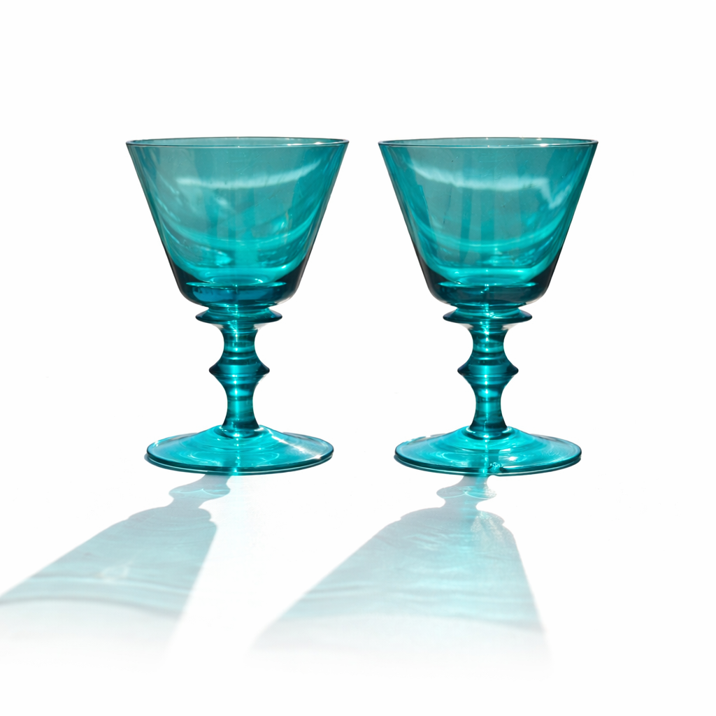 Scandinavian Aqua Hand-Blown Aperitif Glasses, 1960s Service for 2