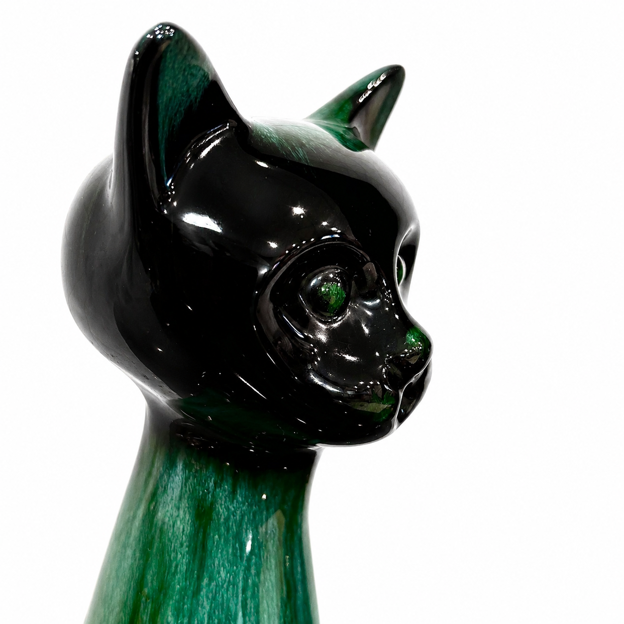 Canadian Ceramic Sculptural Cat Form, Variegated Green and Cobalt Glaze; Blue Mountain Pottery.png