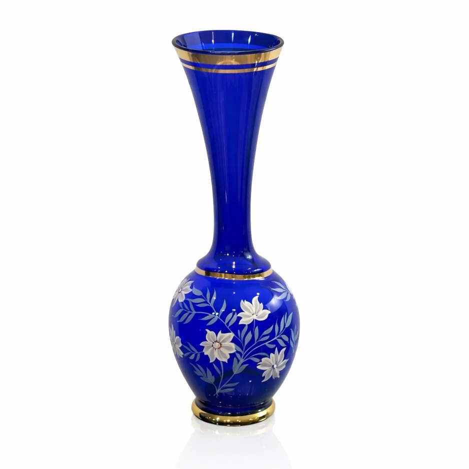 Bohemian Cobalt Gilt Floral Glass Vase, Hand-Painted Enamel, c. 1975-1980