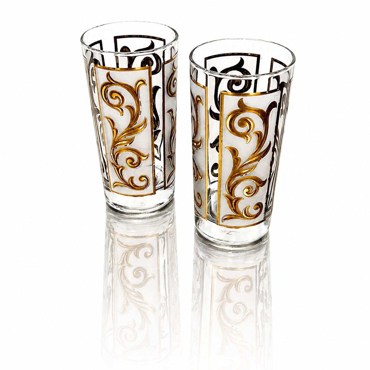American Libbey Gilt Decorated Highball Glasses, Mid-Century Modern Scroll Panel Design.png