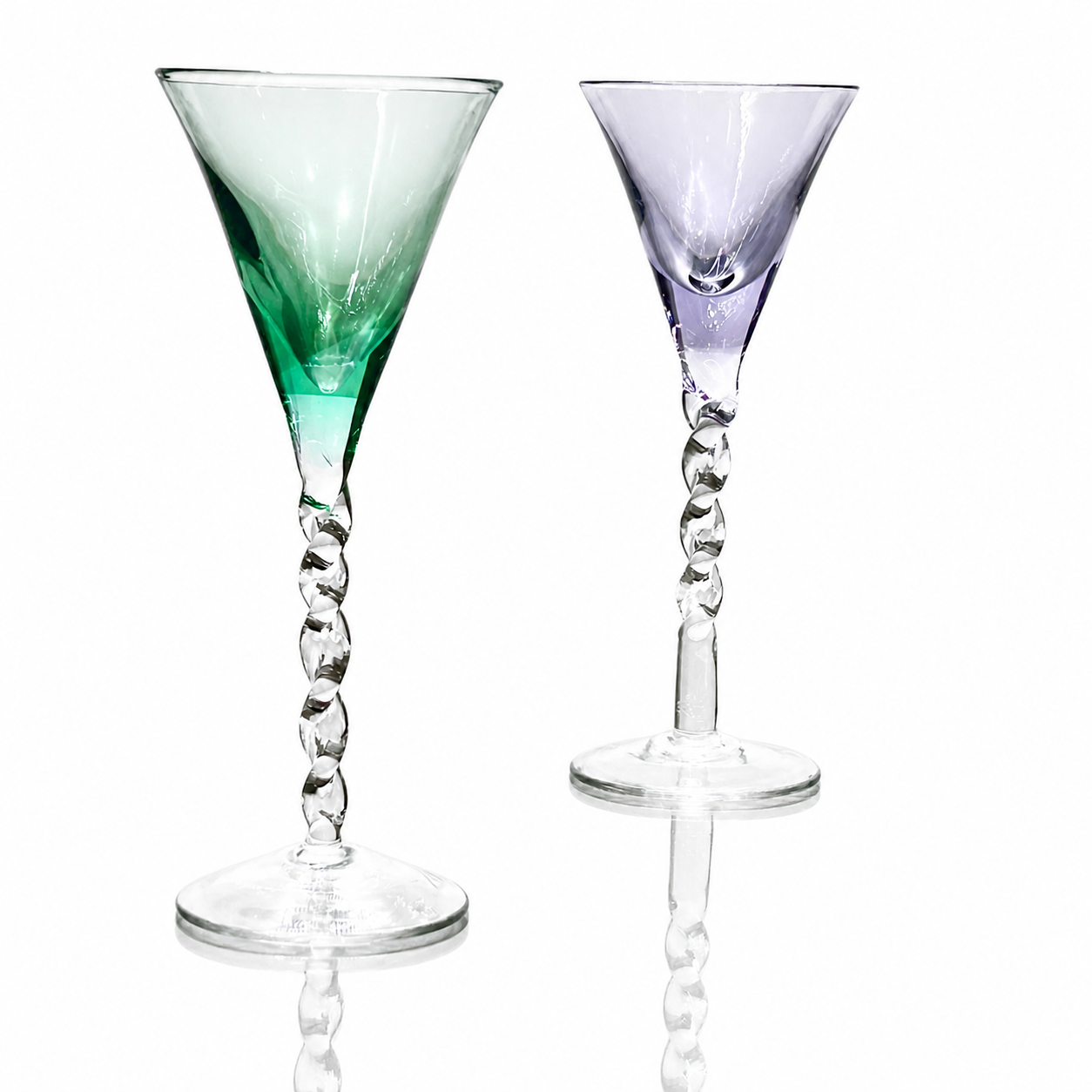 French Neoclassical Amethyst and Emerald Glass Flutes, Gilded Laurel Motif — Service for 2