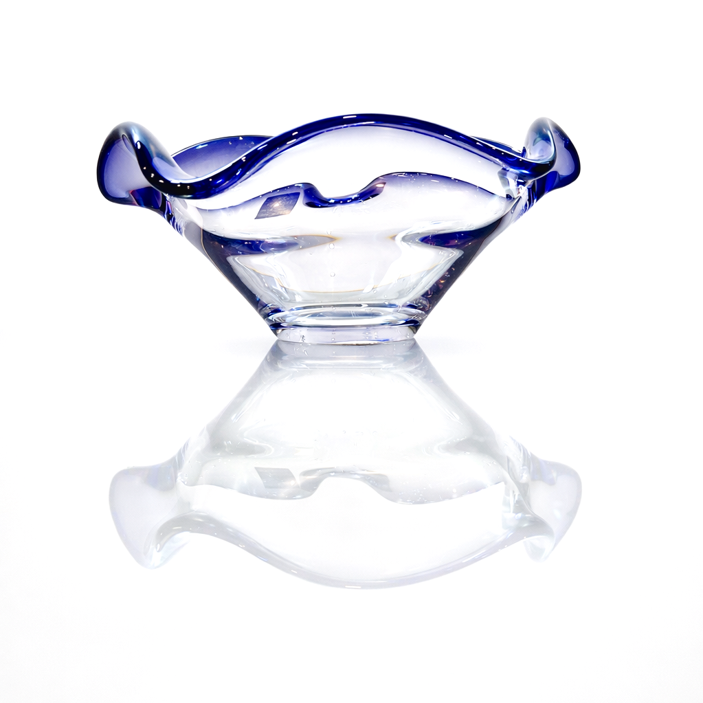 Polish Amethyst Rim Art Glass Bowl, Sculptural Freeform Organic Form
