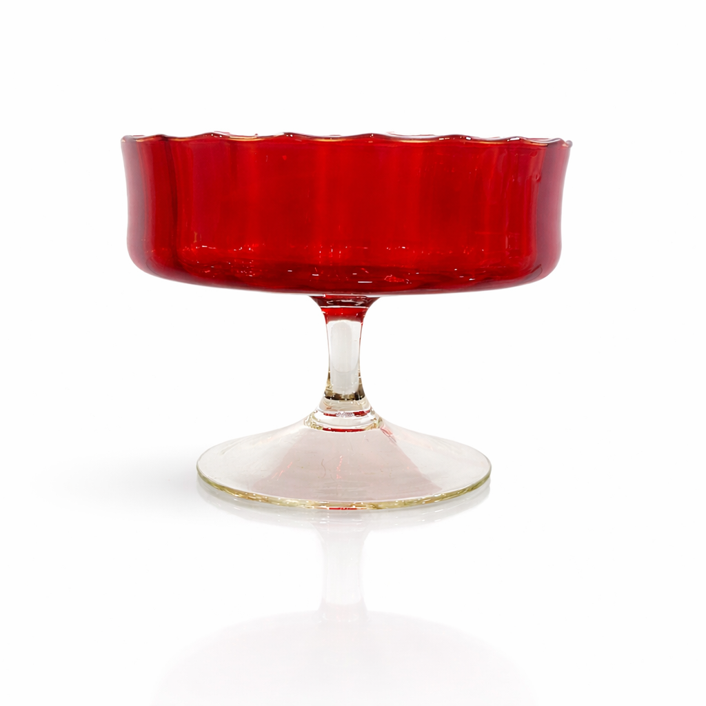 Art Deco Bohemian Ruby-to-Amber Pressed Glass Pedestal Bowl, UV Reactive