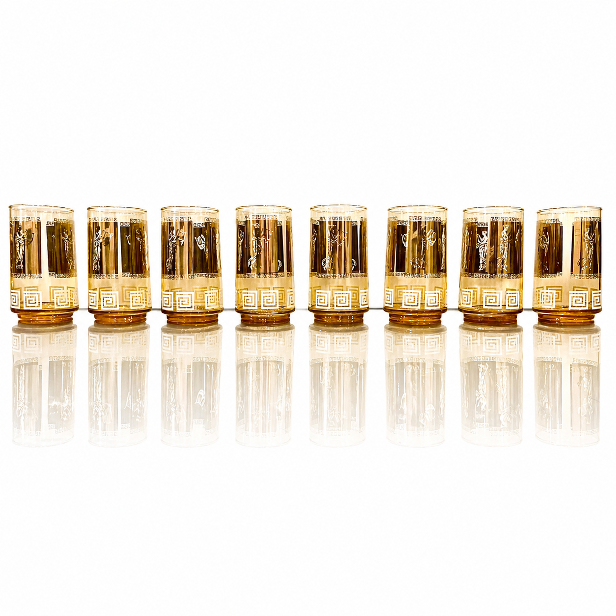 Service for 8 Libbey Gold Greek Key Highball Glasses, Classical Figural Motif, Mid-Century Modern