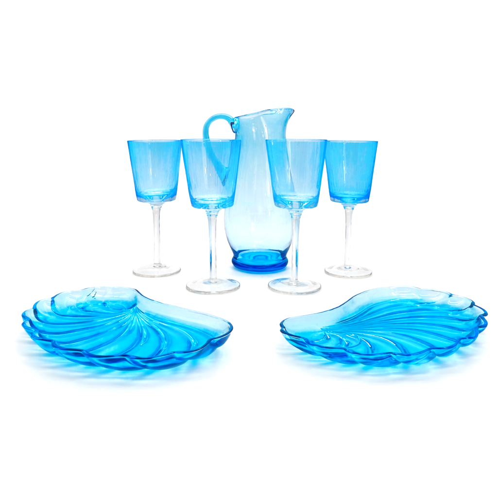 European Aquamarine Glass Table Suite, Sculptural Seven-Piece Collection