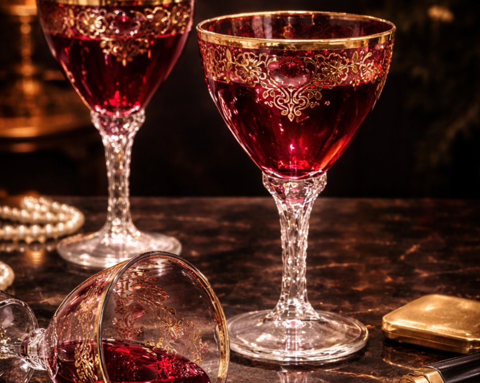Two ornate red wine glasses filled with red wine on a dark wooden surface, with one glass lying on its side, gold trim on the glasses, a string of pearls, and a gold compact case nearby.