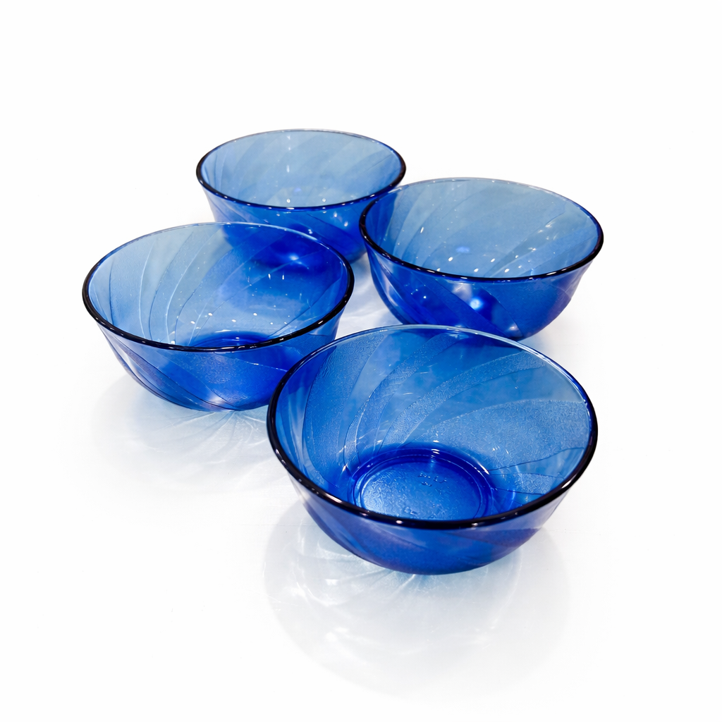 Service for 4, Cobalt Blue Brazilian Glass Bowls, Frosted Spiral