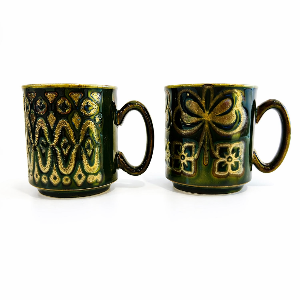 Mid-Century England Studio Pottery Mugs- Pair, Green Relief