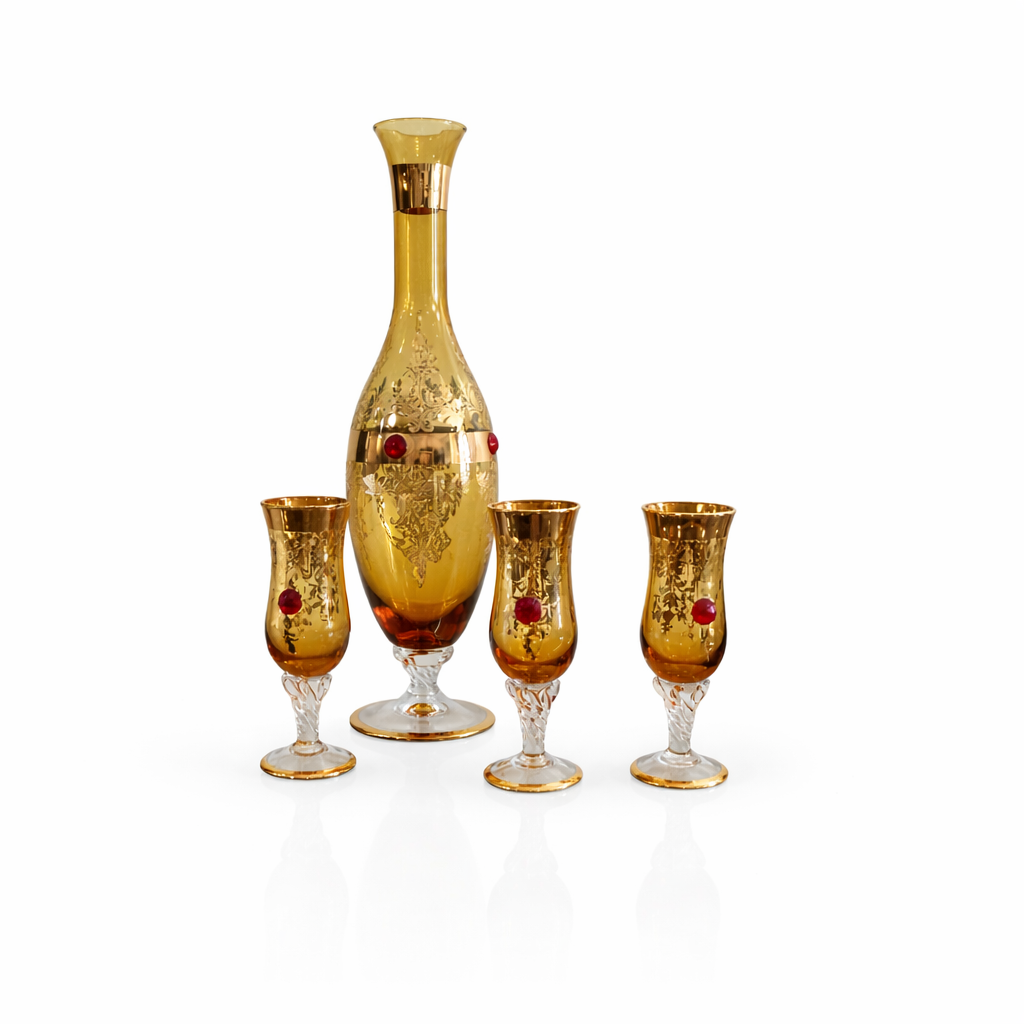 Service for 4, Continental Gilt Amber Art Glass Decanter and Cordials with Ruby Jewel Prunts, Bohemian Style, Mid-Century