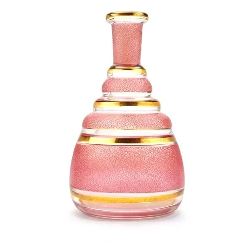 Czech Pink Cased Art Glass Vessel, Architectural Crackle with Gilt Bands