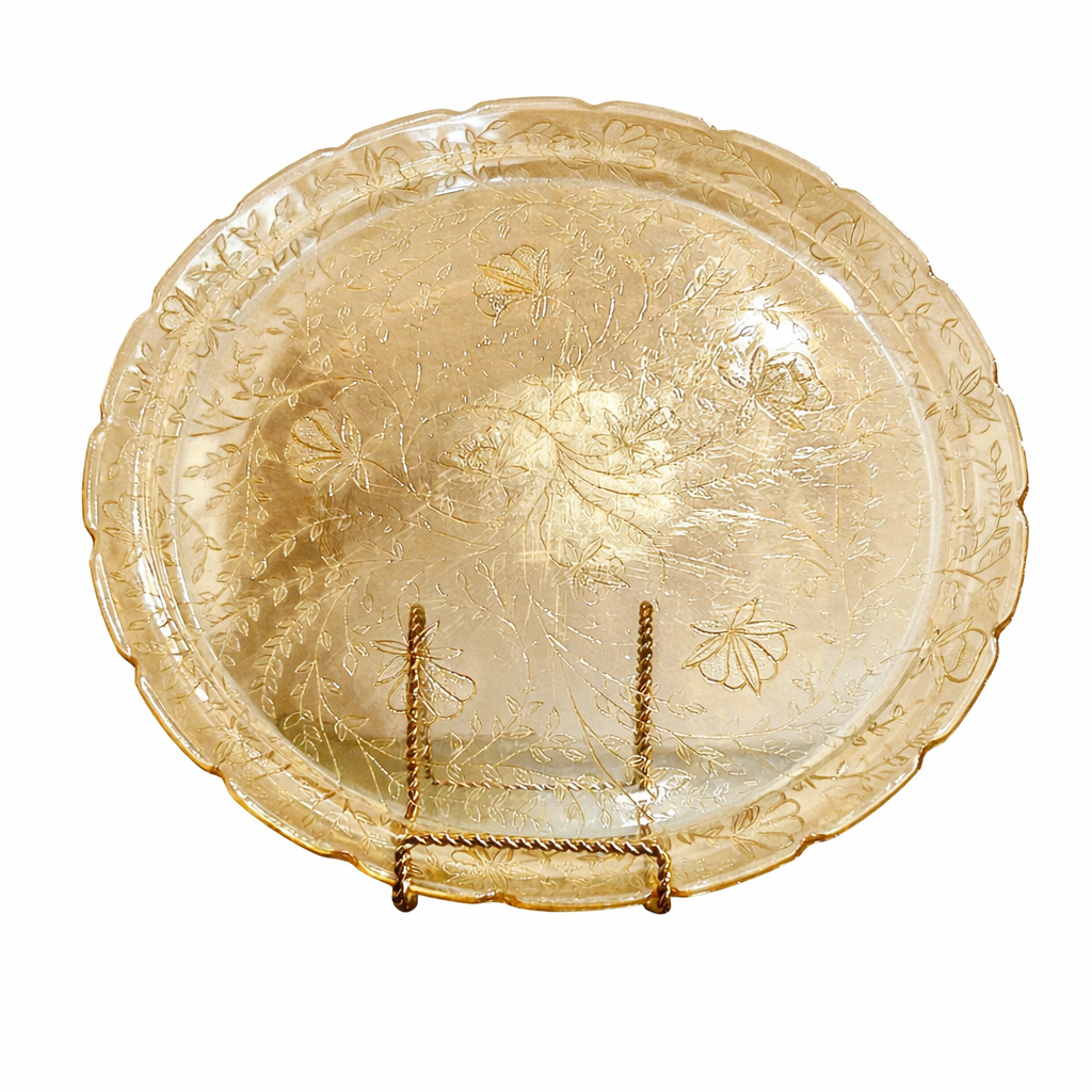 Art Nouveau Etched Amber Glass Serving Tray, c.1920-30s