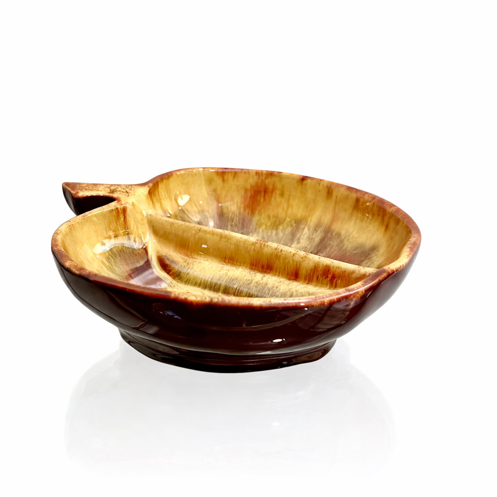 Mid-Century Apple Divided Dish, Drip Glaze Studio Pottery