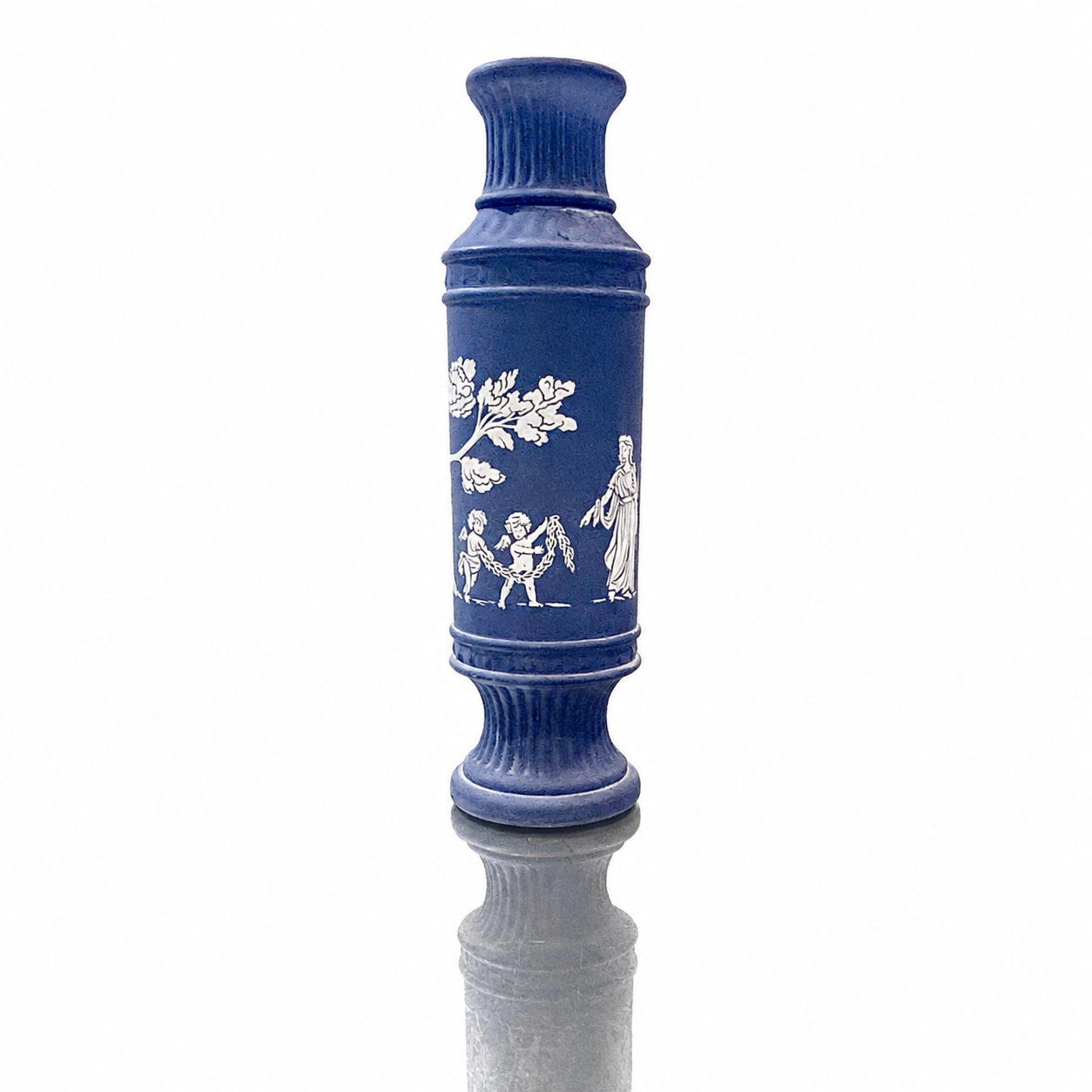 Frosted Blue Satin Glass Bud Vase, Neoclassical Relief Form